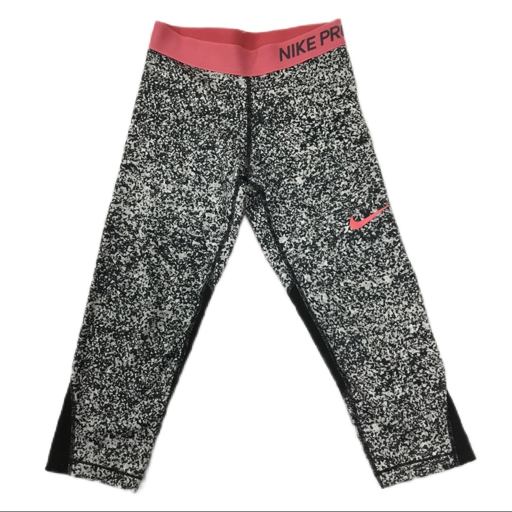 Nike Pro Girls Youth Dri Fit Splatter Print Capri Leggings, Pink/Black/White M